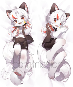 ambiguous_gender anthro bed black_bottomwear black_clothing black_shorts bottomwear clothing dakimakura fangs fur furniture hand_pawpads kemono looking_at_viewer lying on_back on_bed on_side open_mouth pawpads red_eyes shorts solo teeth topwear white_body white_fur young young_anthro emolga_1 mammal 2023 chinese_description dakimakura_design hi_res watermark