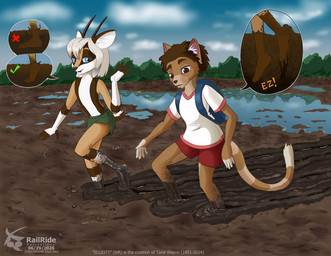 anthro backpack blue_eyes bottomwear brown_eyes brown_hair clothed clothing duo eyebrows feet hair horn inner_ear_fluff male mud shirt shorts text topless topless_male topwear tuft walking white_hair railride antelope bovid domestic_cat felid feline felis mammal 2026 english_text
