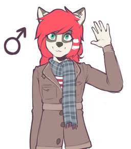 ambiguous_gender anthro clothed clothing crossgender femboy gender_symbol green_eyes hair jacket male_symbol red_hair scarf simple_background solo symbol topwear marblesoda rikki canid canine canis hybrid mammal procyonid raccoon wolf digital_media_(artwork) male_(lore)