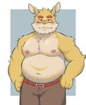 anthro belly big_belly blush bottomwear clothing eyewear fur glasses humanoid_hands kemono male moobs nipples overweight overweight_male pants simple_background solo yellow_body yellow_fur whitebeast20 chardonnay_romancia jey_caroot lagomorph leporid mammal rabbit 2022 hi_res