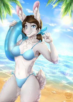 anthro beach bikini blue_bikini blue_clothing blue_eyes blue_swimwear brown_hair clothing day female fur grey_body grey_fur hair light looking_at_viewer outside plant sand seaside sky smile solo string_bikini sunlight swimwear two-piece_swimsuit water kotezio mila_(koyot) lagomorph leporid mammal rabbit digital_media_(artwork) hi_res portrait three-quarter_portrait