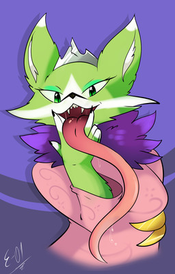 anthro black_nose bodily_fluids breasts clothing female fur gesture green_body green_eyes green_fur hair hand_gesture inviting long_tongue looking_at_viewer multicolored_body multicolored_fur open_mouth saliva seductive simple_background smile solo teeth tongue tongue_out two_tone_body two_tone_fur v_sign white_body white_fur e-01 zero_one canid canine canis mammal wolf zerian_(species) digital_media_(artwork) hi_res