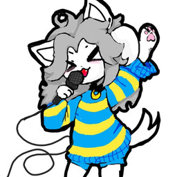 ahoge anthro blue_clothing blue_sweater blue_topwear clothing electronics fur hair male microphone open_mouth pattern_clothing pattern_sweater pattern_topwear raised_hand singing solo striped_clothing striped_sweater striped_topwear stripes sweater topwear white_body white_fur unknown_artist undertale undertale_(series) temmie_(undertale) mammal tem 1:1