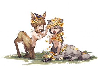 animal_ears blush breasts duo eyes_closed female flower flower_crown grass hooves on_grass on_ground open_mouth paws plant quadruped simple_background small_breasts white_background yawn young mullmull canid canid_taur canine canine_taur canis deer deer_taur humanoid_taur mammal mammal_taur taur wolf wolf_taur