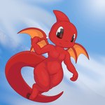 flying male midair red_body red_eyes solo tail water wide_hips wings adeviantcritter neopets humanoid neopet_(species) shoyru 1:1 hi_res