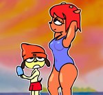 anthro blurred_background breasts clothed clothing duo evening female food hands_behind_head island larger_female looking_up looking_up_at_another male male/female medium_breasts one-piece_swimsuit orange_sky outside popsicle size_difference sky smaller_male swimming_trunks swimwear topless topless_male toedi parappa_the_rapper sony_corporation sony_interactive_entertainment um_jammer_lammy lammy_lamb parappa bovid canid canine canis caprine domestic_dog mammal sheep animated hi_res loop short_playtime