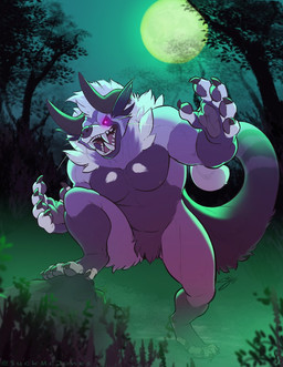 2_horns 5_fingers 5_toes anthro big_hands biped black_claws black_finger_claws black_horn black_toe_claws claws countershade_face countershade_fur countershade_torso countershading detailed_background digitigrade fangs featureless_crotch feet finger_claws fingerless_(marking) fingerpads fingers front_view full_moon fur glowing glowing_eyes horn humanoid_hands looking_at_viewer male male_anthro moon multicolored_body multicolored_fur muscular muscular_anthro muscular_male night nipples nude nude_anthro nude_male open_mouth outside pawpads pecs plant purple_body purple_eyes purple_fur rock sharp_teeth sky solo standing tail teeth text toe_claws toeless_(marking) toes tree twitter_handle whiskers white_body white_fur suck_mcjones bento_(character) binturong mammal viverrid werecreature artist_name digital_media_(artwork) full-length_portrait portrait shaded signature