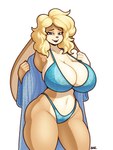 anthro bathrobe bedroom_eyes big_breasts big_ears blonde_hair blue_bathrobe blue_bra blue_clothing blue_eyes blue_panties blue_robe blue_underwear bra breasts brown_body brown_fur cleavage clothed clothing collarbone curvy_figure eyebrows eyelashes female floppy_ears fur hair huge_breasts long_ears looking_at_viewer narrowed_eyes navel panties robe seductive short_hair solo tan_body tan_fur underwear wide_hips blazbaros lagomorph leporid mammal rabbit 2023 3:4 hi_res