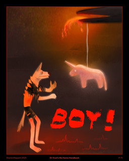 4_toes 5_fingers black_border bold_text border clothing feet fingers horn lava male open_mouth orange_eyes pinata solo sparkles spikes spikes_(anatomy) string tail toes torn_clothing yelling sharkinthepark mythology rowel_(sharkinthepark) canid canine equid equine fox mammal mythological_creature mythological_equine unicorn 2025 4:5 absurd_res comic hi_res