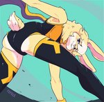 anthro black_clothing blonde_hair blue_eyes butt clothing female fur hair legwear leotard looking_at_viewer looking_back low-angle_view scarf simple_background solo tail yellow_body yellow_fur fefece maryx_(senorkah) lagomorph leporid mammal rabbit hi_res