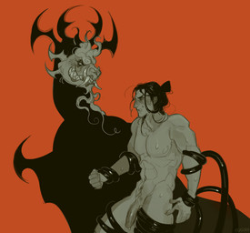 anthro asian beard bodily_fluids clenched_teeth duo facial_hair fangs genitals hair horn male male/male messy_hair muscular nipples nude penis pubes restrained restrained_arms restrained_by_tentacles restrained_legs size_difference sweat teasing teeth teeth_showing tentacles eggyboj mythology samurai_jack aku samurai_jack_(character) demon dragon human mammal mythological_creature mythological_scalie scalie detailed digital_drawing_(artwork) digital_media_(artwork) hi_res shaded