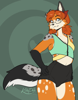 5_fingers anthro biped blue_eyes bottomwear breasts brown_hair clothed clothed_anthro clothed_female clothing countershade_fur countershade_torso countershading eyewear female fingers front_view fully_clothed fully_clothed_anthro fully_clothed_female fur glasses grey_body grey_fur grey_tail hair hand_on_hip looking_at_viewer markings navel orange_body orange_fur simple_background smile solo spots spotted_body spotted_fur spotted_markings spotted_tail standing tail tail_markings topwear kittydee canid canine canis domestic_dog fox hybrid mammal 2025 digital_drawing_(artwork) digital_media_(artwork) hi_res