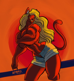big_breasts blonde_hair bottomwear breasts clothing covering covering_breasts covering_self female hair muscular muscular_female shorts smile solo sunset nobro domestic_cat felid feline felis mammal hi_res