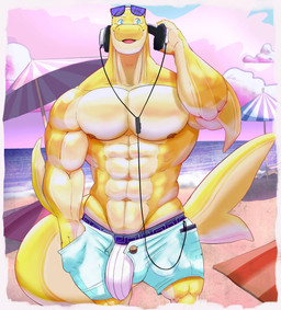 abs anthro beach beach_umbrella big_muscles big_pecs blue_eyes bulge clothing cloud detailed_bulge electronics eyewear eyewear_on_head fin glistening glistening_abs glistening_arms glistening_body glistening_muscles headphones looking_away male muscular muscular_anthro muscular_arms muscular_legs muscular_male neck_muscles nipples parasol pecs pink_sky sand sea sky smile solo sunglasses sunglasses_on_head swimming_trunks swimwear tail tail_fin underwear v-cut water wave wearing_sunglasses yellow_body ryanburr aquatic cetacean dolphin mammal oceanic_dolphin orca toothed_whale hi_res
