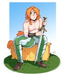 big_penis bottomwear braided_hair bulge clothed clothing detailed_bulge distracted down_the_leg_bulge femboy footwear freckled_face freckled_shoulders freckles genital_outline genitals ginger grass green_eyes hair hay hay_bale looking_at_viewer male melee_weapon nipple_piercing nipples not_furry orange_hair orange_tail pants penis penis_outline piercing plant shoes sitting solo sword tail topless weapon boosterpang rothfale animal_humanoid equid equid_humanoid equine equine_humanoid human humanoid mammal mammal_humanoid