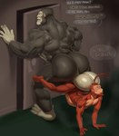 anthro back_muscles balls big_balls big_bulge brown_body brown_fur bulge butt door duo fur genitals grey_body grey_fur hand_on_ground huge_balls huge_bulge intersex intersex/male intersex_penetrated male male/male male_penetrated male_penetrating male_penetrating_intersex male_penetrating_male male_penetrating_maleherm maleherm maleherm/male maleherm_penetrated muscular muscular_anthro muscular_male muscular_thighs penetration sex size_difference text justmegabenewell nimbus_(romaantenebrae) ape gorilla haplorhine mammal monkey primate english_text hi_res