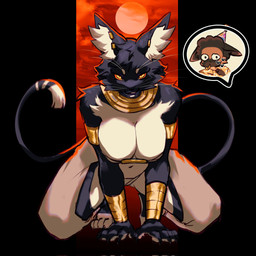 accessory all_fours anthro arm_tuft armband big_breasts black_body black_fur black_lips bottomwear bracelet breasts brown_body brown_fur brown_hair chaps claws cleavage clothed clothing crouching duo ear_piercing ear_ring egyptian female finger_claws fur gold_(metal) gold_armband gold_bracelet gold_jewelry gold_necklace hair hanging_breasts hat headgear headwear inner_ear_fluff jewelry lips looking_at_viewer male multicolored_body multicolored_fur navel necklace nervous party_hat party_horn piercing red_sclera ring_piercing shirt shoulder_tuft tail topwear tuft two_tone_body two_tone_fur usekh whiskers white_body white_fur white_inner_ear white_inner_ear_fluff wraps yellow_eyes junodayz bacardi_(muart242) mutt_(muart242) canid canine canis domestic_cat domestic_dog felid feline felis mammal 1:1 2026 hi_res