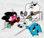 anthro black_body black_fur blue_body eating eyes_closed food fur group humanoid_hands male onigiri pegleg rice sitting tongue tongue_out white_body white_fur parker_simmons cartoon_network mao_mao:_heroes_of_pure_heart adorabat bearclops_(mao_mao) sheriff_mao_mao_mao bat bear domestic_cat felid feline felis mammal polar_bear ursine 2015 official_art