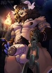 abs anthro areola balls bdsm biceps big_breasts blue_eyes bodily_fluids bottomwear breasts chain claws clothed clothing detailed_background erection forest forest_background fur genital_fluids genitals hair horn humanoid_genitalia humanoid_penis lips loincloth looking_at_viewer male muscular muscular_anthro muscular_male nature nature_background night nipples nude open_mouth outside paws pecs penis piercing plant ring_piercing runes scar smile solo tattoo teeth topless torch torch_light tree white_body tem1tem blackary_(gonsha) bovid canid canine caprine mammal sheep 2025 absurd_res digital_media_(artwork) hi_res