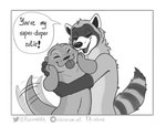 anthro dialogue duo eyes_closed hug interspecies male open_mouth open_smile romantic romantic_couple simple_background smile tail tail_motion tailwag text tongue tongue_out white_background nikraccoom felix_(nik159) nik_(nik159) mammal mustelid otter procyonid raccoon 2021 comic digital_drawing_(artwork) digital_media_(artwork) english_text greyscale hi_res monochrome url