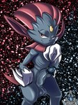 anthro balls blue_penis bodily_fluids claws dripping genital_fluids genitals hair interested light looking_at_viewer male penis precum precum_drip red_eyes red_hair shadow simple_background smile solo tail teeth white_claws kirtapsart nintendo pokemon generation_4_pokemon pokemon_(species) weavile 3:4 hi_res lighting