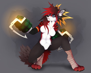 4_toes anthro black_body black_fur breasts ear_piercing explosives featureless_breasts featureless_crotch feet female fur grenade hair industrial_piercing nude open_mouth piercing red_body red_fur red_hair solo teeth toes tongue weapon chesta my_hero_academia katsuki_bakugou levi_(levi_ann_porter) canid canine mammal 2017 5:4 digital_media_(artwork)