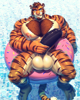 anthro balls barazoku big_balls big_penis biped bodily_fluids body_hair fur genital_fluids genitals huge_balls huge_penis humanoid_genitalia humanoid_penis inflatable inner_tube male muscular muscular_anthro muscular_male nipple_piercing nipple_ring nipples pecs penis piercing pool pool_float precum ring_piercing solo striped_body striped_fur stripes swimming_pool tail vein veiny_penis water dream_and_nightmare night_(dream_and_nightmare) felid mammal pantherine tiger 4:5 hi_res