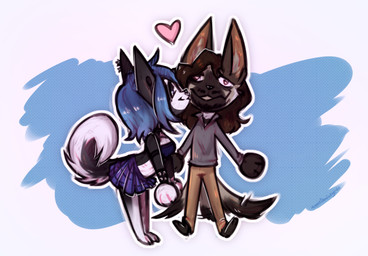 bottomwear chibi clothing crop_top female heart_symbol kissing kissing_cheek male romantic romantic_couple shirt skirt tail tail_motion tailwag topwear lonerdemiurge aardwolf canid canine canis domestic_dog husky hyena mammal nordic_sled_dog spitz absurd_res hi_res