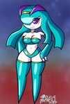 2_fingers big_breasts breasts clothed clothing female fingers hair hair_over_eye hands_on_hips long_hair midriff not_furry one_eye_obstructed purple_eyes short_stack simple_background skimpy smile solo text turquoise_hair wide_hips kuperseeper nintendo pokemon generation_3_pokemon humanoid kirlia pokemon_(species) 2021 absurd_res hi_res signature