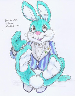 bodysuit bottomless bound clothed clothing coat encasement feet flower foot_focus formal_wear fur gesture legs_up male pattern_clothing plant plushie plushification simple_background sitting skinsuit solo striped_clothing stripes tailcoat teal_body teal_fur tight_clothing topwear waving waving_at_viewer white_background rufe_squirrel animate_inanimate human humanoid lagomorph leporid living_clothing mammal rabbit hi_res traditional_media_(artwork)