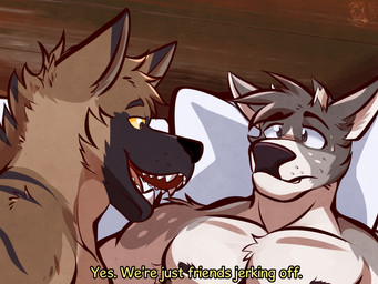 anthro arm_tuft armpit_tuft bed black_body black_fur black_nipples black_nose bodily_fluids brown_body brown_fur countershading deltoids dialogue duo eye_contact fur furniture grey_body grey_eyes grey_fur grey_spots head_tuft inner_ear_fluff looking_at_another male male/male male_anthro muscular muscular_male nipples no_homo nude_male on_bed pecs pillow shoulder_tuft spots sweat sweatdrop teeth text tuft wall_(structure) whisker_spots white_body white_fur wood wood_wall yellow_sclera ventkazemaru undefeated redline_(undefeated) zander_(undefeated) deer hyena mammal 2024 artist_name dated english_text hi_res portrait signature