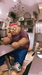 anthro bottomwear brown_body brown_fur clothing eyewear fur glasses inside kemono male overweight overweight_male pants real shirt sitting solo topwear sippo mammal suid suine sus_(pig) wild_boar 2021 9:16 hi_res