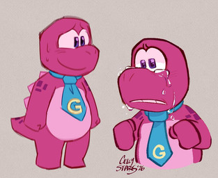 accessory anthro blue_necktie bodily_fluids clenched_teeth crying expressions fist grey_background looking_down male markings multicolored_body multicolored_scales necktie nervous nervous_smile purple_eyes sad scales shy simple_background smile solo spikes spikes_(anatomy) spots spotted_body standing sweat sweatdrop tears teeth text textured_background cellystars gameoverse glitch_productions gobbles_(gameoverse) dinosaur mammal prehistoric_species reptile scalie 2026 artist_name model_sheet multiple_images signature