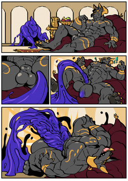 animal_genitalia anthro balls big_balls big_sheath chest_tattoo claws cock_transformation cock_vore digitigrade duo facial_markings flaccid food fruit genitals head_markings horn jug looking_pleasured lying male male/male markings muscular muscular_male on_back open_mouth penetration penile penis pillow plant pointy_ears reclining rug sheath slime smile stripes tattoo transformation urethral urethral_penetration vore trencalos aurelius_goldtalon anubian_jackal aquatic canid canine canis fish goo_creature jackal mammal shark comic hi_res