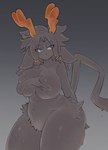 accessory anthro antlers big_breasts bodily_fluids breast_grab breasts featureless_breasts featureless_crotch female fur grey_background grey_body grey_fur hair_accessory hair_ring half-closed_eyes hand_on_breast horn narrowed_eyes nude simple_background solo sweat sweatdrop tideripples pseudoregalia sybil_(pseudoregalia) ambiguous_species bovid caprine goat jackalope lagomorph leporid mammal rabbit hi_res