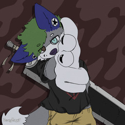 anthro blue_ears dragonslayer_(berserk) fur gesture green_hair grey_body grey_fur hair hand_gesture heterochromia male melee_weapon pointing pointing_at_viewer simple_background solo sword weapon drowsypuppy berserk marshal_(drowsypuppy) alaskan_malamute canid canine canis domestic_dog husky mammal nordic_sled_dog spitz 1:1 absurd_res hi_res