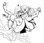 anthro balls big_breasts breasts double_penetration duo erection female female_penetrated genitals group group_sex hair horn male male/female male_penetrating male_penetrating_female nipples nude penetration penis pussy sex simple_background tail trio vaginal ybkathan hasbro my_little_pony mythology equid equine horse mammal mythological_creature mythological_equine pony unicorn digital_media_(artwork) monochrome
