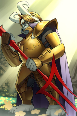 anthro arm_guards armor barefoot beard biceps biped black_clothing black_eyes blonde_hair breastplate cape clothing crown facial_hair feet front_view gem hair headgear holding_object holding_weapon horn looking_forward male mature_anthro mature_male melee_weapon polearm purple_cape purple_clothing ruby_(gem) shoulder_guards side_view solo three-quarter_view trident weapon katahane3 undertale undertale_(series) asgore_dreemurr boss_monster_(undertale) bovid caprine mammal 2:3 full-length_portrait hi_res portrait