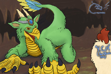 all_fours ambiguous_gender anthro avian_caruncle beak beckoning blue_gem brown_eyes cave comb_(anatomy) crown crown_only duo feathers feet feral gem gesture green_body green_feathers head_crest headgear headgear_only horn male open_beak open_mouth scales scuted_hands scutes stalactite stalagmite tail tail_feathers talons toes tongue ventral_scales white_body white_feathers tzair_(artist) mythology ulerek_(tzair) ych_(character) avian bird chicken dragon feathered_dragon feathered_scalie galliform mythological_creature mythological_scalie phasianid scalie 2025 3:2 digital_drawing_(artwork) digital_media_(artwork) hi_res shaded signature