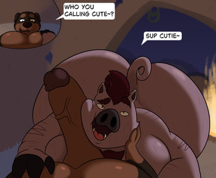 anthro big_butt big_penis brown_body brown_ears brown_fur brown_hair brown_nose brown_tail butt campfire close-up curled_tail dialogue duo eye_contact eyebrows fire first_person_view flirting front_view fur genitals green_eyes hair half-closed_eyes hand_on_chest hand_on_face huge_butt inside looking_at_another male male/male moobs multicolored_body multicolored_fur muscular muscular_anthro muscular_male narrowed_eyes nude obese obese_anthro obese_male overweight overweight_anthro overweight_male penis penis_on_face purple_eyes question_mark raised_eyebrow smile speech_bubble tail text thick_thighs tongue tusks two_tone_body two_tone_fur vein veiny_penis colossalstars hogwrath_(colossalstars) canid canine canis domestic_dog domestic_pig mammal suid suine sus_(pig) 2026 digital_media_(artwork) english_text hi_res