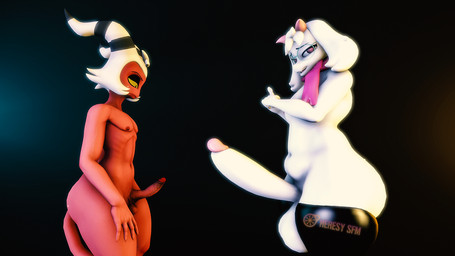 anthro balls big_penis duo embarrassed genitals huge_penis humanoid_genitalia humanoid_penis male male/male nipples penis penis_size_difference size_difference small_penis heresy_sfm mishuyuu_(modeler) valorlynz_(modeler) deltarune hellaverse helluva_boss undertale_(series) moxxie_(helluva_boss) ralsei bovid caprine goat imp mammal 16:9 3d_(artwork) digital_media_(artwork) source_filmmaker_(artwork) widescreen
