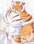 anthro blush bouqet bride bulge clothed clothing countershading crossdressing detailed_bulge digit_ring dress eyes_closed fur jewelry legwear male muscular muscular_anthro muscular_male pecs ring solo stockings striped_body striped_fur stripes wedding_dress wedding_ring wedding_veil giraffe_(artist) lam-chan felid mammal pantherine tiger hi_res light_theme