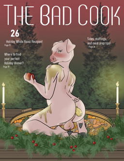 5_fingers anal anal_penetration animal_genitalia anthro apple balls black_hooves blush candle carrot character_prepared_as_food christmas_tree corn eyebrows fingers fire food food_fetish food_insertion food_play fruit genitals green_eyes grey_eyebrows holding_food holding_object holidays holly_(plant) hooves imminent_death improvised_sex_toy male nervous onion penetration penis pink_balls pink_body pink_penis pink_sheath plant platter sheath solo tail text tree vegetable willing_prey petpolaris christmas domestic_pig mammal suid suine sus_(pig) cover english_text hi_res magazine_cover