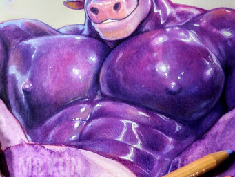 abs anthro barazoku big_muscles big_pecs close-up closed_smile deltoids front_view glistening glistening_body latex latex_body male mouth_closed muscular muscular_anthro muscular_arms muscular_male nipples pecs pecs_focus pink_nose purple_body purple_latex purple_nipples smile solo text mrkun bovid bovine cattle latex_creature mammal 4:3 artist_name graphite_(artwork) hi_res mixed_media painting_(artwork) traditional_media_(artwork) traditional_painting_(artwork) traditional_watercolor_(artwork) watercolor_(artwork) watermark