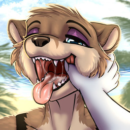 anthro beach black_clothing blue_eyes blurred_background bodily_fluids brown_body brown_ears brown_fur brown_head claws clothed clothing disembodied_hand drooling duo eyeshadow femboy finger_in_mouth fur holding_head makeup male open_mouth palm_leaves saliva sea tan_body tan_ears tan_face tan_fur teeth teeth_showing tongue tongue_out water cornus sanny_(character) mammal mustelid otter 1:1
