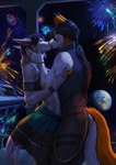 5_fingers anthro anthro_on_anthro arm_tattoo black_hair black_nose breasts clothed clothing cybernetics detailed_background duo earth eyes_closed female fingers fireworks fur grey_body grey_skin hair humanoid_hands intimate kiss_on_lips kissing machine male multicolored_body multicolored_fur night orange_body orange_fur outside planet romantic romantic_ambiance romantic_couple space star tail tail_tattoo tattoo two_tone_body two_tone_fur elvofirida kamikaze_otium laguna_silverjaw canid canine canis cyborg fish fox hybrid mammal marine shark wolf 2024 digital_media_(artwork) hi_res