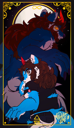 anthro card clothing glowing glowing_eyes hair horn long_hair male moon solo tarot tarot_card torn_clothing mrdarknesswolf mythology mrdarknesswolf_(character) canid canine canis demon hybrid mammal mythological_canine mythological_creature werecanid werecanine werecreature werewolf wolf hi_res