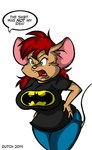 anthro batman_logo big_breasts bottomwear breasts buckteeth clothing female green_eyes hair markings mole_(marking) open_mouth pants red_hair shirt solo speech_bubble teeth text topwear dutch_(artist) batman_(series) dc_comics misty_the_mouse misty_(dutch) mammal mouse murid murine rodent 2014 digital_media_(artwork) english_text