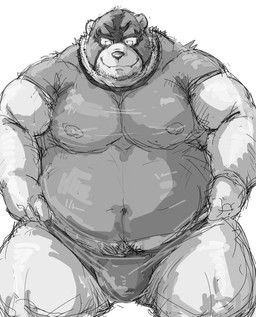 anthro barazoku belly big_belly bulge clothing front_view hands_on_hips kemono kneeling looking_at_viewer male mask muscular muscular_anthro muscular_male obese obese_anthro obese_male overweight overweight_anthro overweight_male simple_background solo speedo sports_mask sportswear swimwear translucent translucent_clothing white_background wrestling_mask kotobuki bear felid mammal 2015 greyscale monochrome