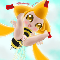 bee_costume blush bodily_fluids body_blush clothed clothing daww female genital_fluids genital_focus genitals happy looking_at_viewer looking_down low-angle_view omorashi open_crotch open_mouth partially_clothed peeing pubic_mound solo spread_legs spreading thick_thighs urine vulva vulva_blush vulva_focus wetting young young_female young_humanoid izzipurrito nintendo pokemon arthropod bee generation_3_pokemon humanoid hymenopteran insect jirachi legendary_pokemon pokemon_(species) 1:1 absurd_res hi_res
